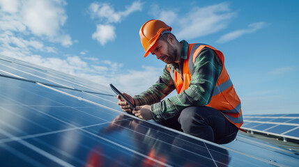 Worker Engaged in the Installation Process of Solar Panels: Contributing to Sustainable Energy Initiatives and Renewable Technology Development