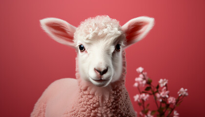 Cute lamb looking at camera, surrounded by fluffy pink fur generated by AI