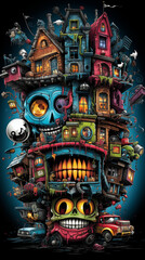 Fototapeta na wymiar Abstract Illustration of a Haunted House Composed of Skulls