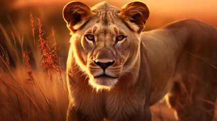 The grace of a majestic lioness in the golden light of the savannah
