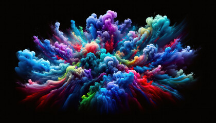 Fototapeta na wymiar Vibrant swirls of steam in colors like blue, purple, red, and green against a black background