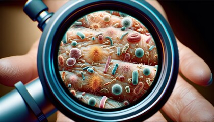 Detailed image of various bacteria colonies on human skin, magnified to a microscopic level