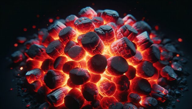 A detailed close-up image of hot coals, showcasing their intense red and orange glow against a dark background.