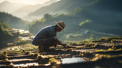 Man in straw hat planting green rice shoots with roots in very wet soil with traditional Thai way image on beautiful foggy morning. Agriculture industry, food industry, working people concept image.