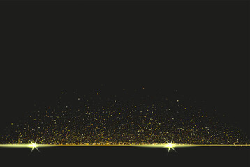 Gold dust on black background and horizontal gold stripe with glitter, poster design on black background with gold dust elements