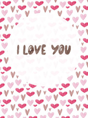 Valentine's day, February 14. Watercolor illustration of colorful hearts. Red and pink colours. I love you insciption. Design concept for Valentines Day, birthday and other uses