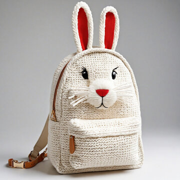 Cute Bunny Sachel Bag, White Color Backpack. Cozy Companion. Knitted Bunny Backpack Object For Girl Or Woman