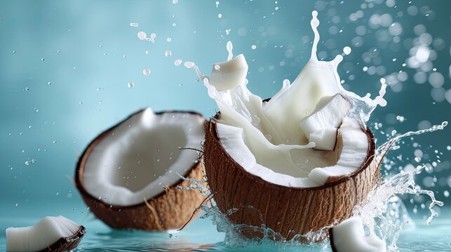 coconut milk flying out from a cracked coconut fruit, showcasing the natural essence and refreshing qualities of coconut water, with a clipping path included for versatile use.