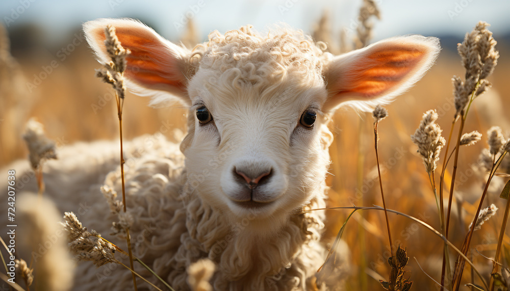 Poster cute lamb grazing in green meadow, looking at camera generated by ai