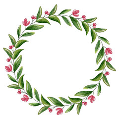 Minimalistic wreath with green leaves and bright flowers. Space for your text. Design for greeting cards, posters, banners.