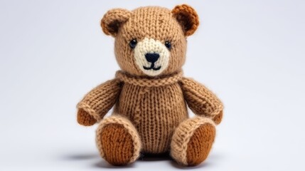 Obraz premium Brown knitted teddy bear toy on a white background. AI generated.