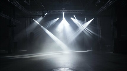 Empty stage with dramatic spotlights and smoke effects for live concert performance