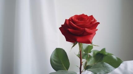 One red rose with leaves on a white background. AI generated.
