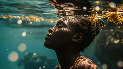 Close-Up Underwater Photo of a Beautiful Afro Woman Next to the Coral Reef