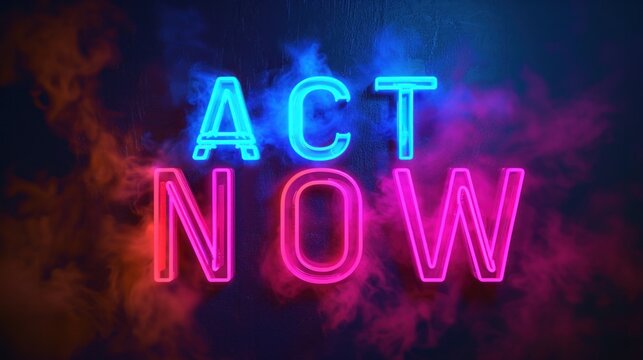 A neon sign that says act now with smoke coming out of it, AI