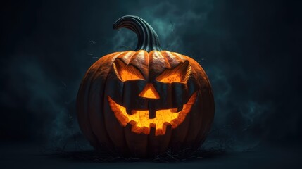 Fototapeta premium Halloween scary pumpkin on a dark background. AI generated.