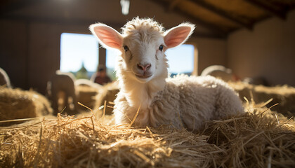 Fluffy lamb grazing in meadow, innocence in nature embrace generated by AI