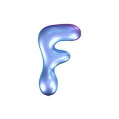 3d holographic liquid letter F in y2k style isolated on a white background. Render of 3d neon inflated iridescent alphabet with rainbow effect. 3d vector y2k hologram letter.