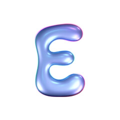 3d holographic liquid letter E in y2k style isolated on a white background. Render of 3d neon inflated iridescent alphabet with rainbow effect. 3d vector y2k hologram letter.