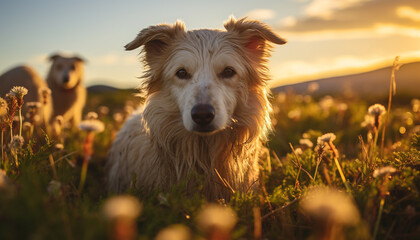 Cute puppy sitting in grass, looking at sunset, pure joy generated by AI - obrazy, fototapety, plakaty
