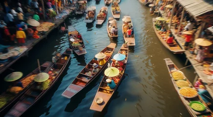 Fotobehang Beautiful image of popular Thailand landmark destination floating market on the calm river water. Sellers offering fruits and vegetables to locals and tourists. Exotic vacation and traveling concept. © Soloviova Liudmyla