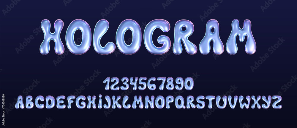 Wall mural 3d holographic liquid font in y2k style isolated on a dark background. render of 3d neon inflated ir