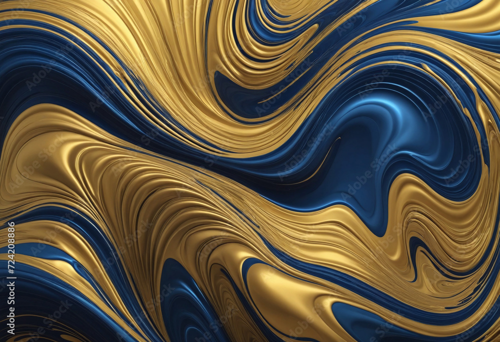 Poster abstract fluid background in dark blue and gold colors. dynamic liquid backdrop. generative ai