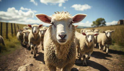 Cute sheep grazing in green meadow, farmer looks at camera generated by AI