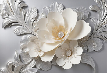 3d ceiling interior wallpaper with luxury beautiful silver jewellery flowers, swan, silk background for wall print