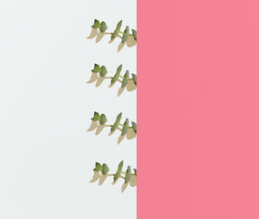 Repetitive pattern with four green sprouts of a succulent plant on a pastel pink background. Flat lay. Copy space, Minimal concept. 