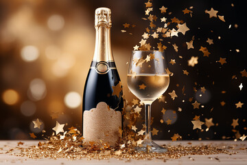 a bottle of champagne stands on a table with a blank label without text, on a gold background with sparkles and star-shaped confetti, two glasses with a drink, ribbons and flowers