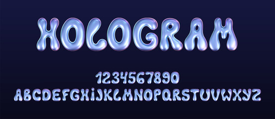 3d holographic liquid font in y2k style isolated on a dark background. Render of 3d neon inflated iridescent alphabet and numbers with rainbow effect. 3d vector y2k hologram set of letters.