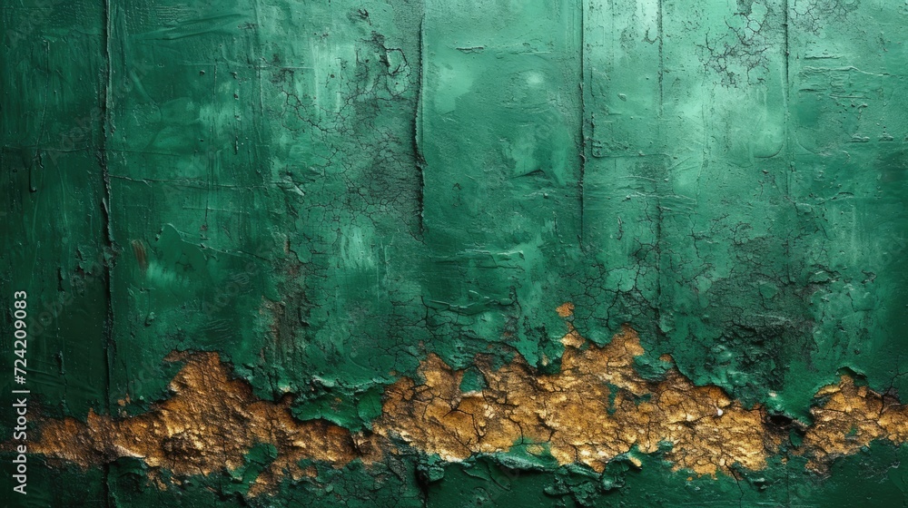 Wall mural Generative AI, Green and golden colors rough wall, impasto grunge vintage painting background. Old oil textured painted canvas - Wall murals
