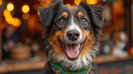 Cute dog with with a green scarf around his neck on green background. St. Patrick's Day celebration