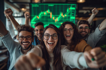 USA bullish market depicted with joyous traders, a testament to the thriving nature of market trading and the strategic concept of stock finance - obrazy, fototapety, plakaty