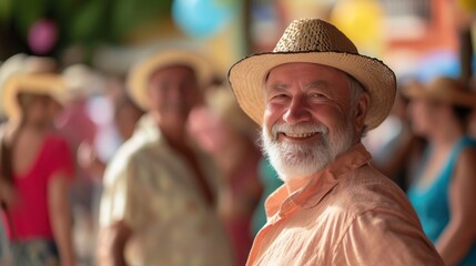 Portrait of a Happy and Smiling Senior Man at an Outdoor Party. Generative AI