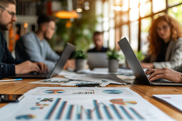 Business teamwork thrives in this dynamic office setting, with engaged colleagues collaborating on innovative projects, exemplifying the essence of a united business team concept