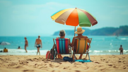 Moments of Happiness of the Elderly, Older People on a Sunny Summer Day on the Beach, Contemplating the Sea. Peaceful and Rejuvenating Vacation for Seniors. Generative AI