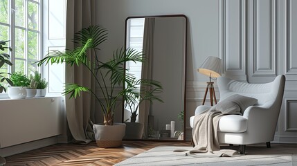 a beautiful room interior adorned with a leaning floor mirror, reflecting the space and adding depth and sophistication to the decor.