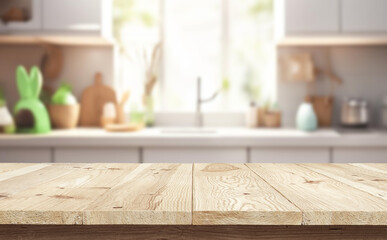 Wooden table or surface on the background of a beautiful kitchen