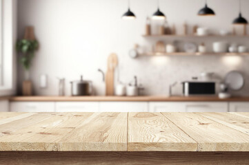 Wooden table or surface on the background of a beautiful kitchen
