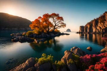 A tranquil view of Cameo Island in the early spring morning, the landscape alive with colorful flora, and the surrounding waters shimmering under the rising sun - obrazy, fototapety, plakaty