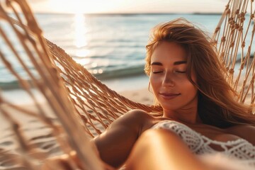 A joyful woman basks in the warmth of the sun, smiling peacefully as she rests in a hammock on the sandy beach, her flowing clothing gently swaying with the ocean breeze