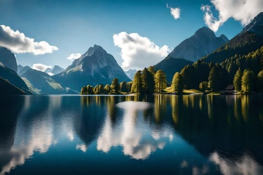 An awe-inspiring view of the mountainous landscape around Grundlsee Lake, with the peaks towering over the still, reflective water.