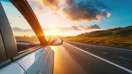 a car driving on the road, with the rearview mirror reflecting the surrounding scenery, illustrating the journey and constant vigilance of the driver.
