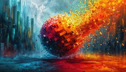 Abstract colorful ball with pieces of colored, in the style of pixelated chaos