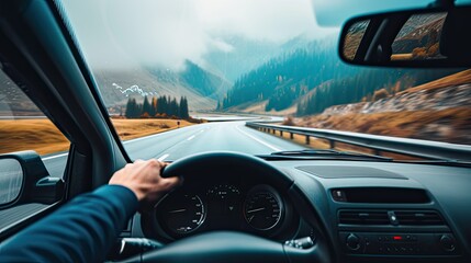 a car driving on the road, with the rearview mirror reflecting the surrounding scenery, illustrating the journey and constant vigilance of the driver. - obrazy, fototapety, plakaty