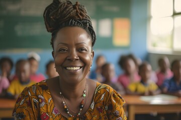 Smiling black female teacher standing in front of her class in Africa