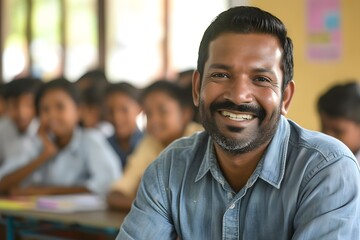 Smiling Indian asian teacher standing in front of the class - obrazy, fototapety, plakaty