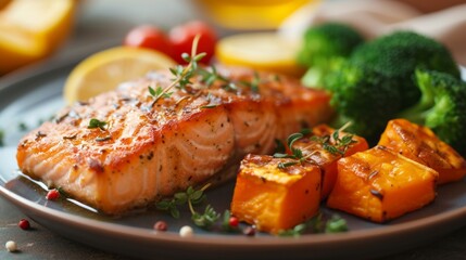 A well-plated dish featuring succulent grilled salmon accompanied by roasted sweet potatoes and...